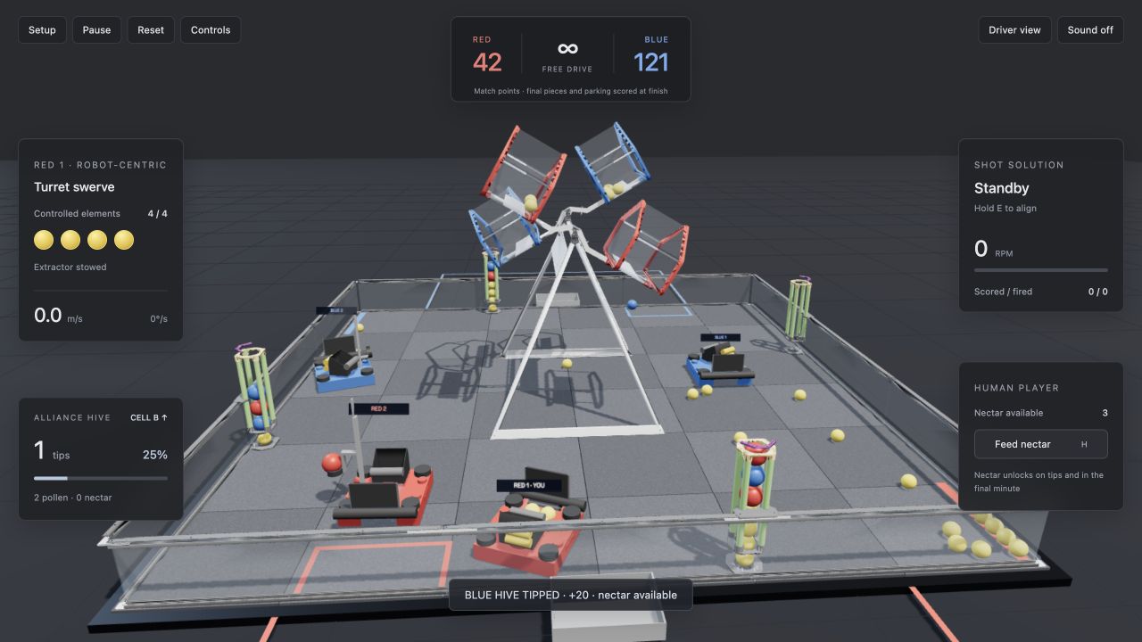 FieldSim live driving field with robots and game pieces